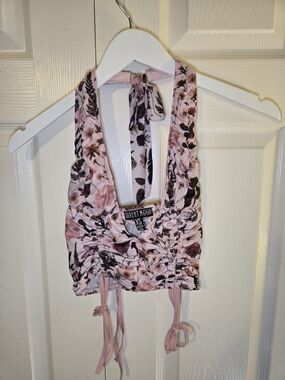 Current Mood Dolls Kill Pink Floral Ruched Halter Crop Top XS